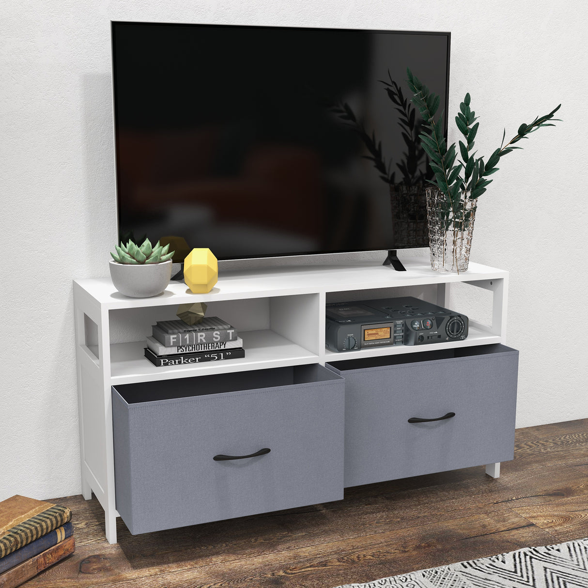 easycomfort easycomfort mobile tv 45 max in mdf e tessuto non tessuto con 2 cassetti e 2 ripiani 100x30x53 cm bianco e grigio