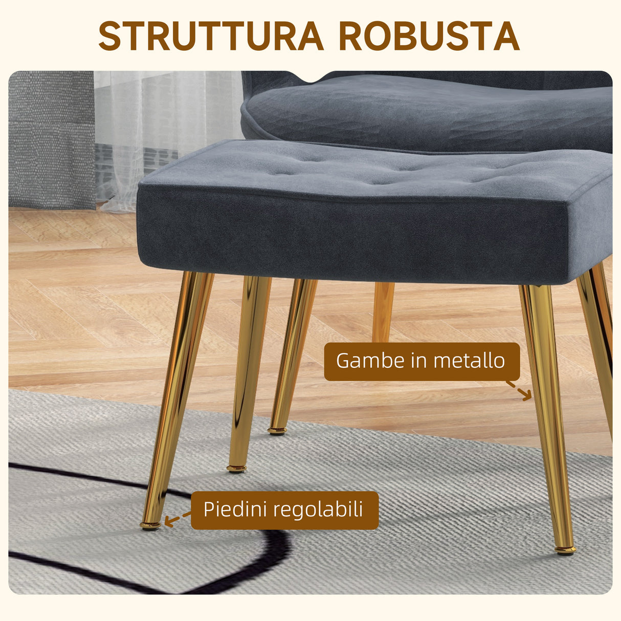 easycomfort easycomfort poltrona moderna con pouf poggiapiedi set vellutato e imbottito con gambe dorate grigio