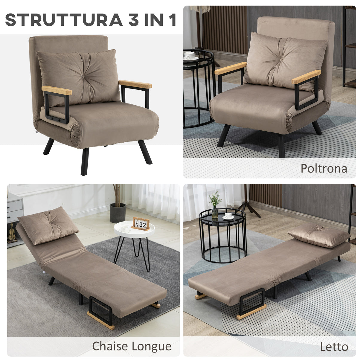 easycomfort easycomfort poltrona letto imbottita 3 in 1 con schienale reclinabile in 5 posizioni e cuscino 63x73x81 cm grigio