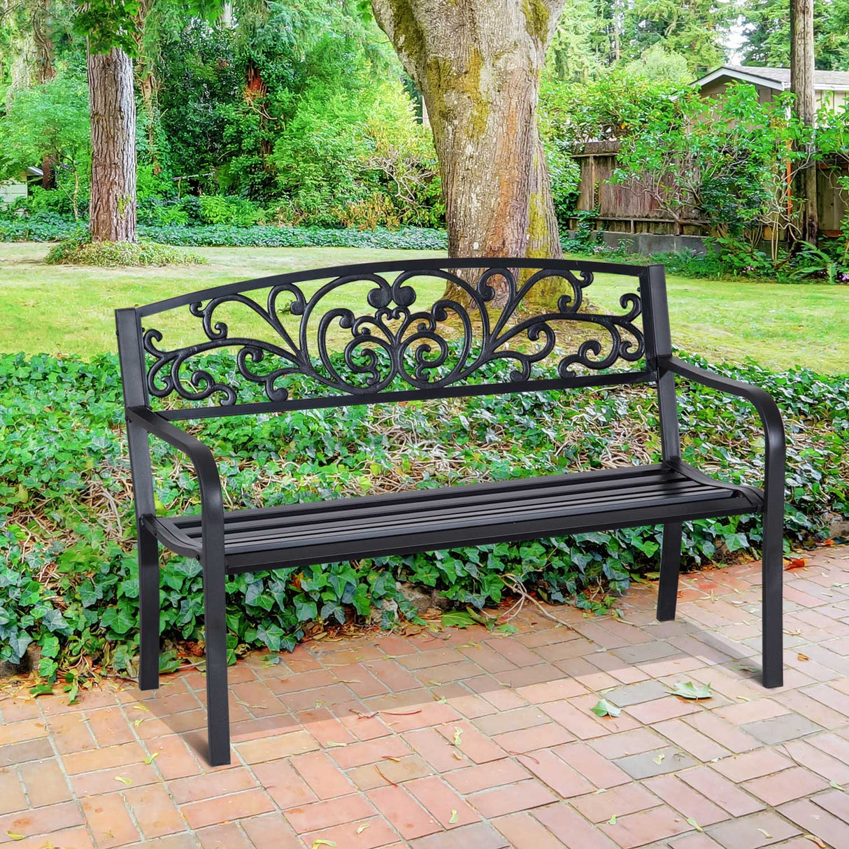 easycomfort panchina da giardino in metallo con schienale decorato 127x60x87cm nero 33185
