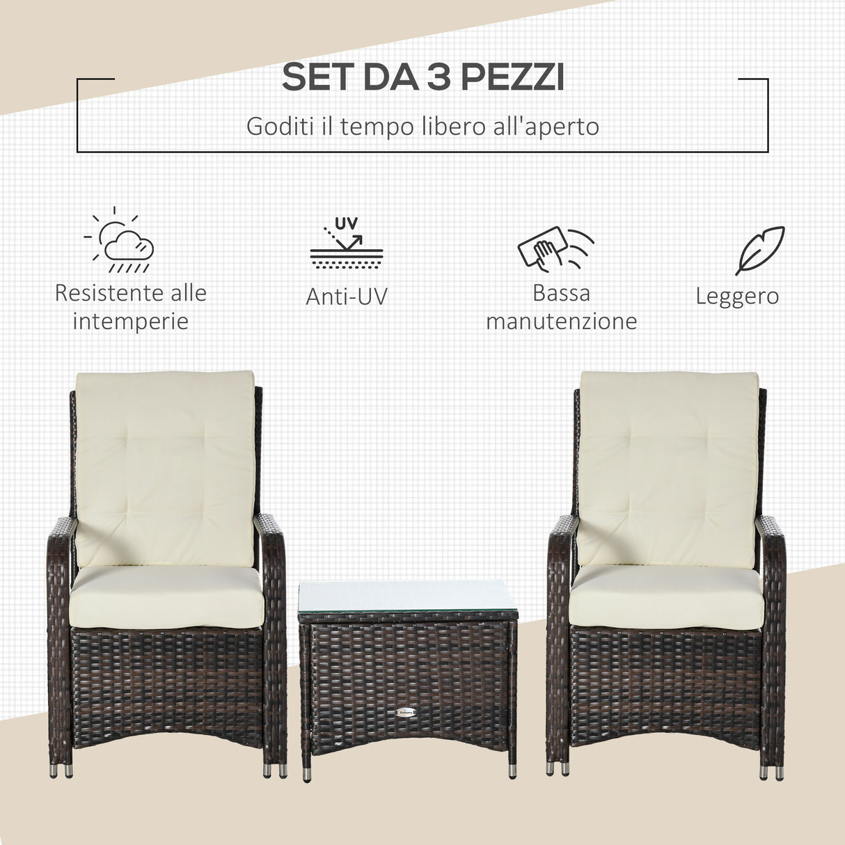 easycomfort set mobili da giardino in rattan pe con tavolino e 2 sedie con cuscini sfoderabili marrone e crema 33009