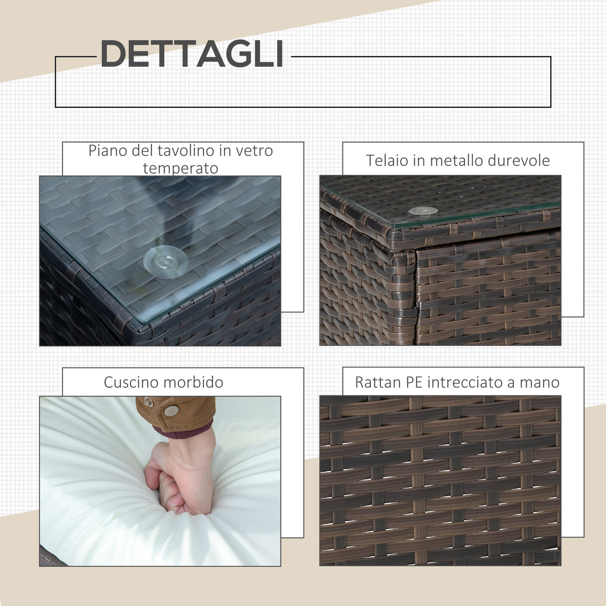 easycomfort set mobili da giardino in rattan pe con tavolino e 2 sedie con cuscini sfoderabili marrone e crema 33009