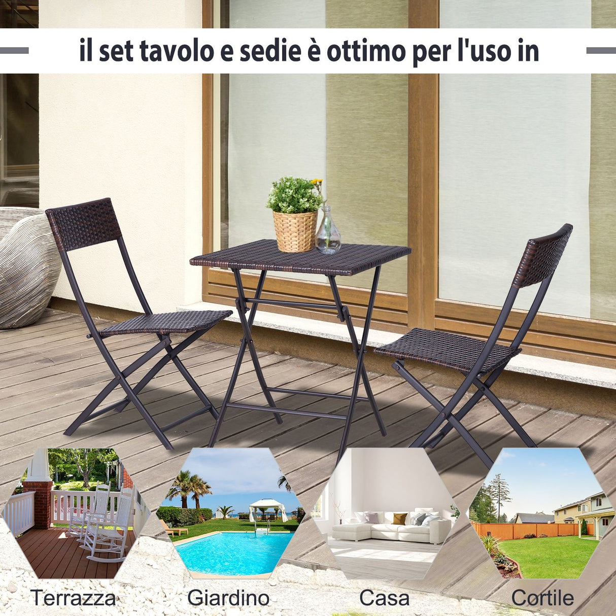 easycomfort easycomfort mobili da giardino in rattan set 1 tavolino e 2 sedie da giardino pieghevoli 3pz marrone