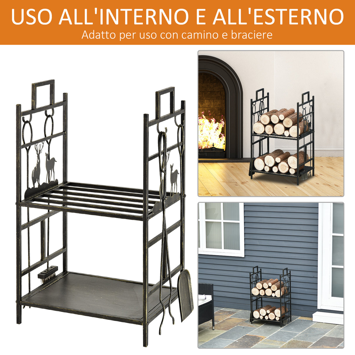 easycomfort portalegna in ferro battuto con attrezzi per camino e manici base porta legna rialzata e decori 51.5x33x77cm nero