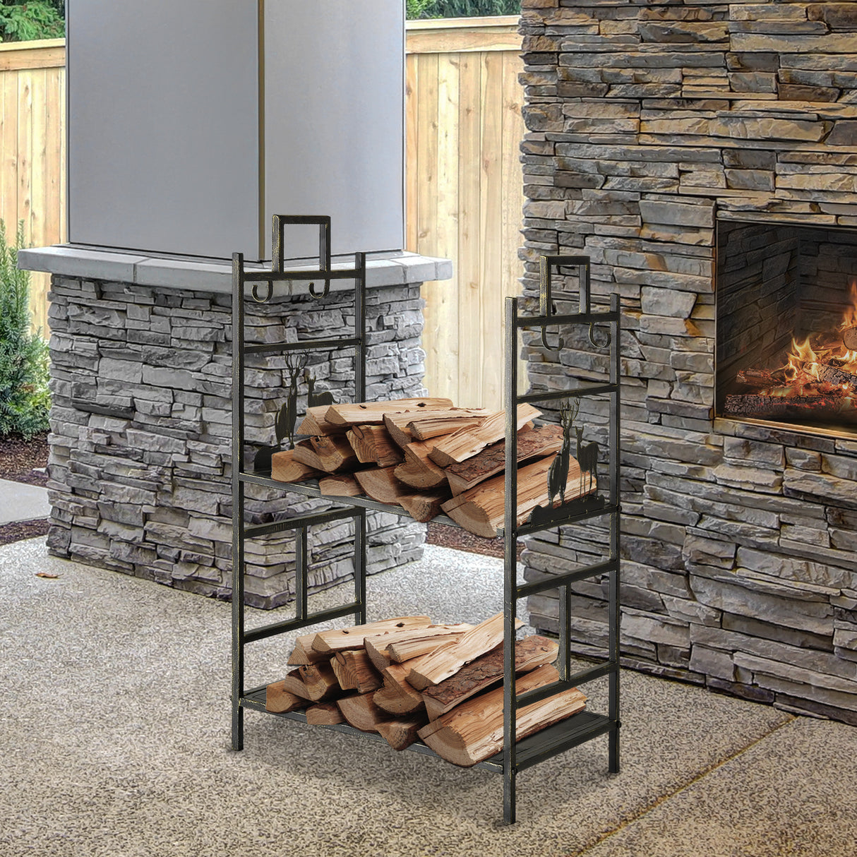 easycomfort portalegna in ferro battuto con attrezzi per camino e manici base porta legna rialzata e decori 51.5x33x77cm nero