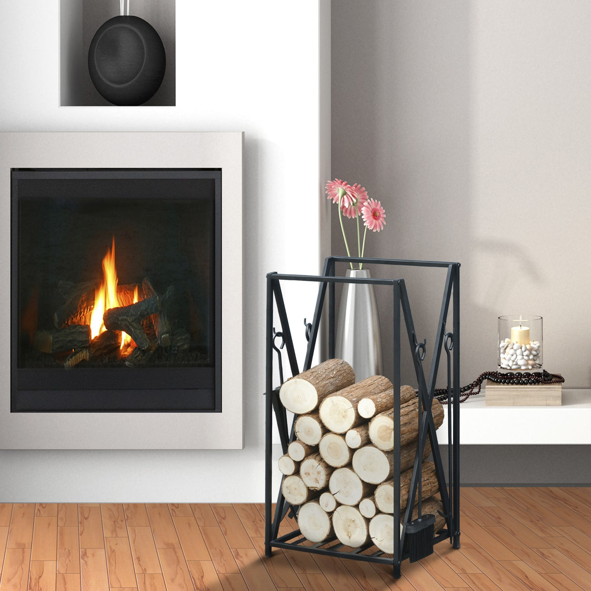 easycomfort portalegna da interno ed esterno in acciaio porta legna per camino con attizzatoio paletta scopino pinza 46x30x76cm nero