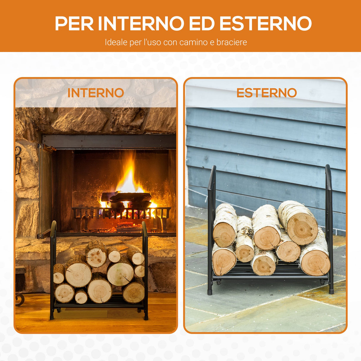 easycomfort portalegna per camino da interno ed esterno in metallo con base rialzata per 50kg di legna 39.5x31.5x39.5cm nero