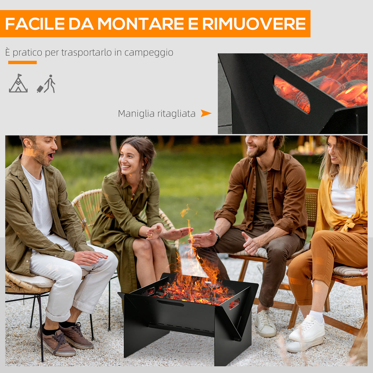 easycomfort braciere da giardino in acciaio quadrato con maniglie 50x45x30cm nero