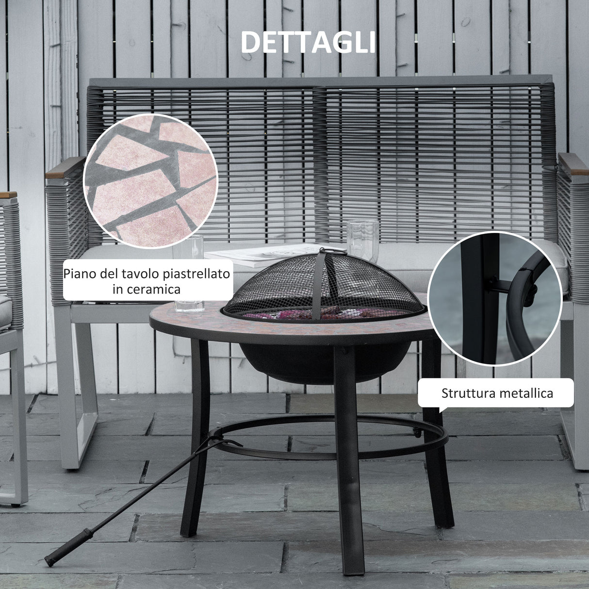 easycomfort braciere da giardino con coperchio parascintille attizzatoio e piano d appoggio in ceramica 68x68x45cm nero