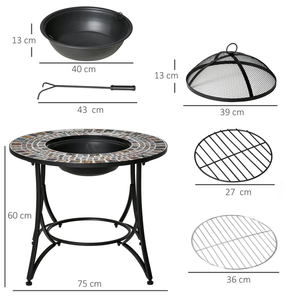 easycomfort braciere da esterno 3 in 1 con tavolino griglia per barbecue e attizzatoio metallo e ceramica 75x75x60cm