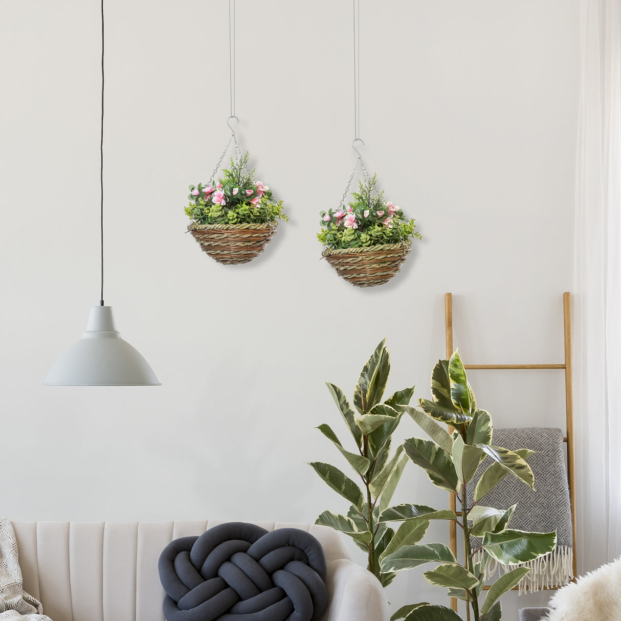 easycomfort set di 2 piante finte lisianthus da appendere per interno ed esterno con vaso in vimini e catenelle 25x34cm rosa e verde