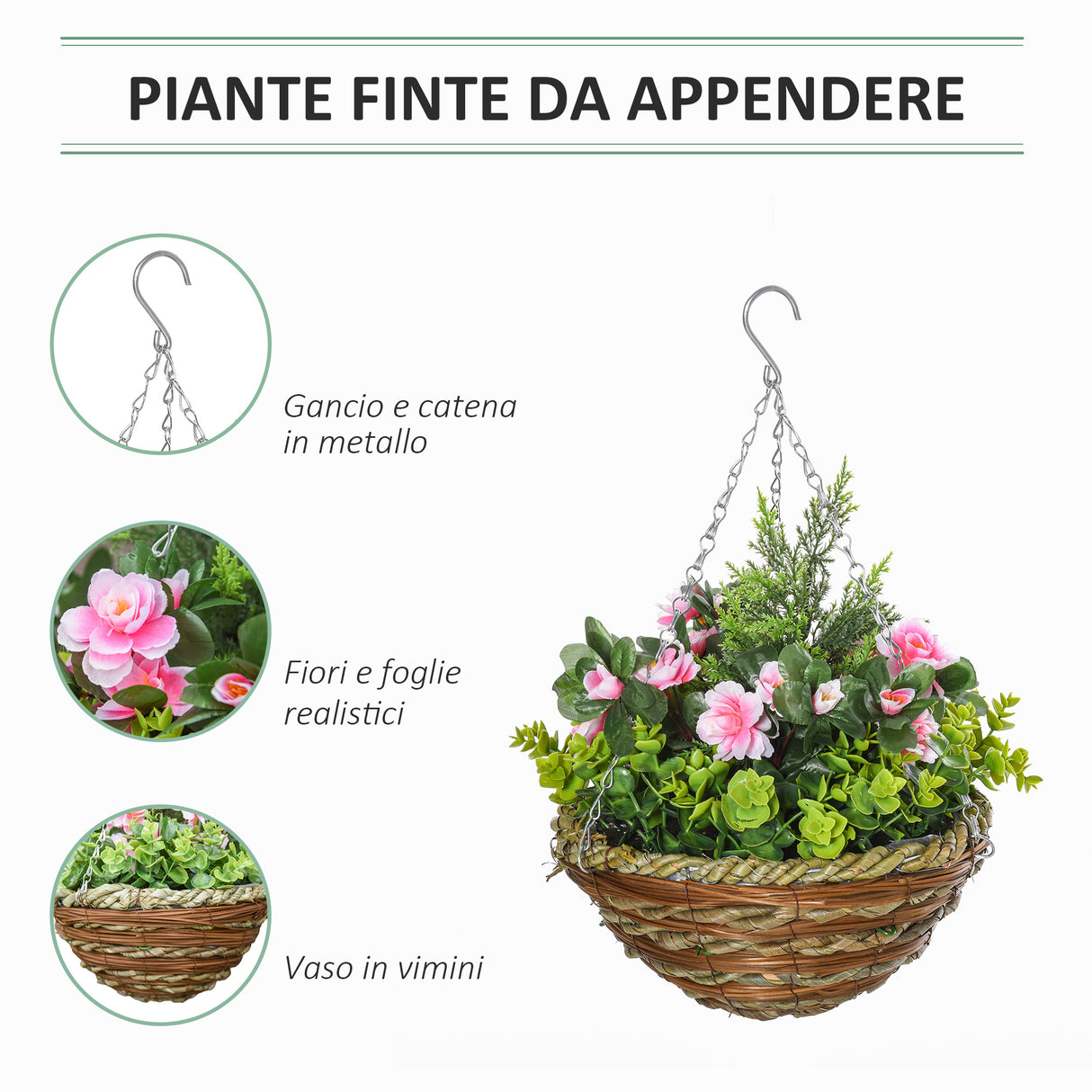 easycomfort set di 2 piante finte lisianthus da appendere per interno ed esterno con vaso in vimini e catenelle 25x34cm rosa e verde