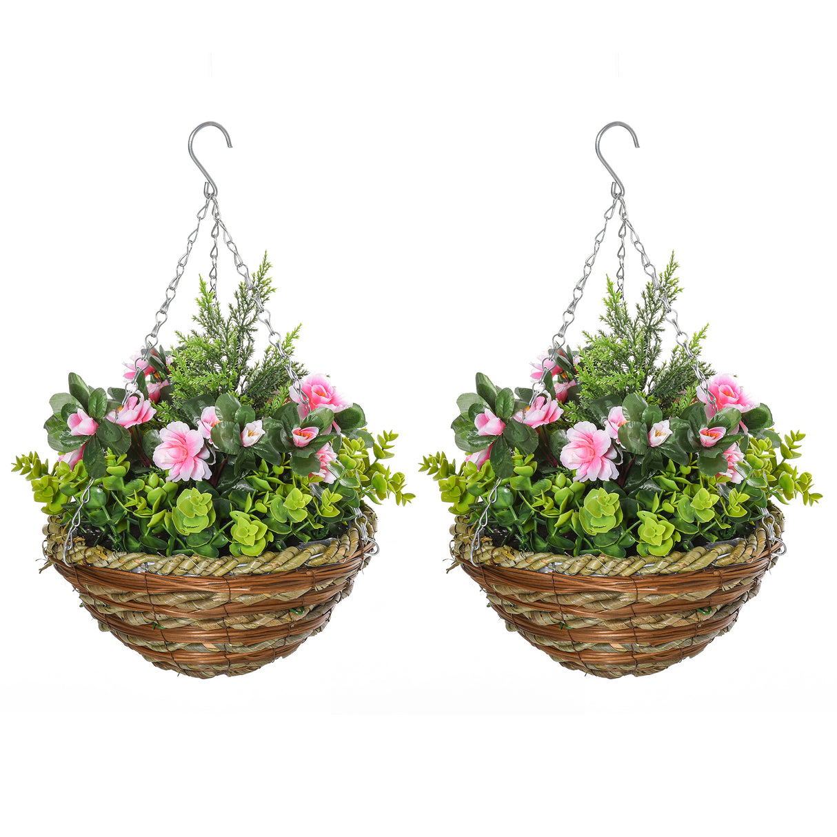 easycomfort set di 2 piante finte lisianthus da appendere per interno ed esterno con vaso in vimini e catenelle 25x34cm rosa e verde