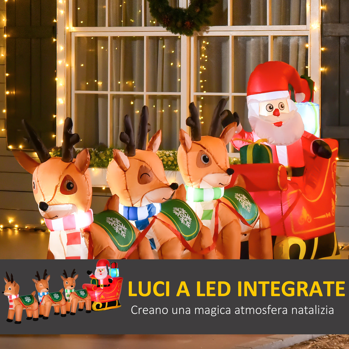 easycomfort easycomfort babbo natale gonfiabile da esterno con slitta e 3 renne e luci led integrate 319x59x132cm multicolore