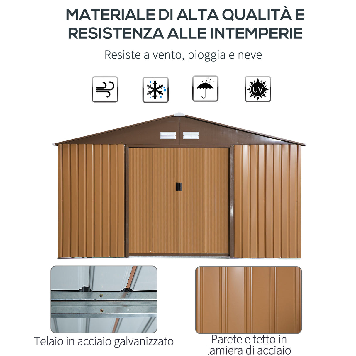 easycomfort casetta da giardino con 2 porte scorrevoli e 4 prese d aria in acciaio e pp 340x386x200cm giallo