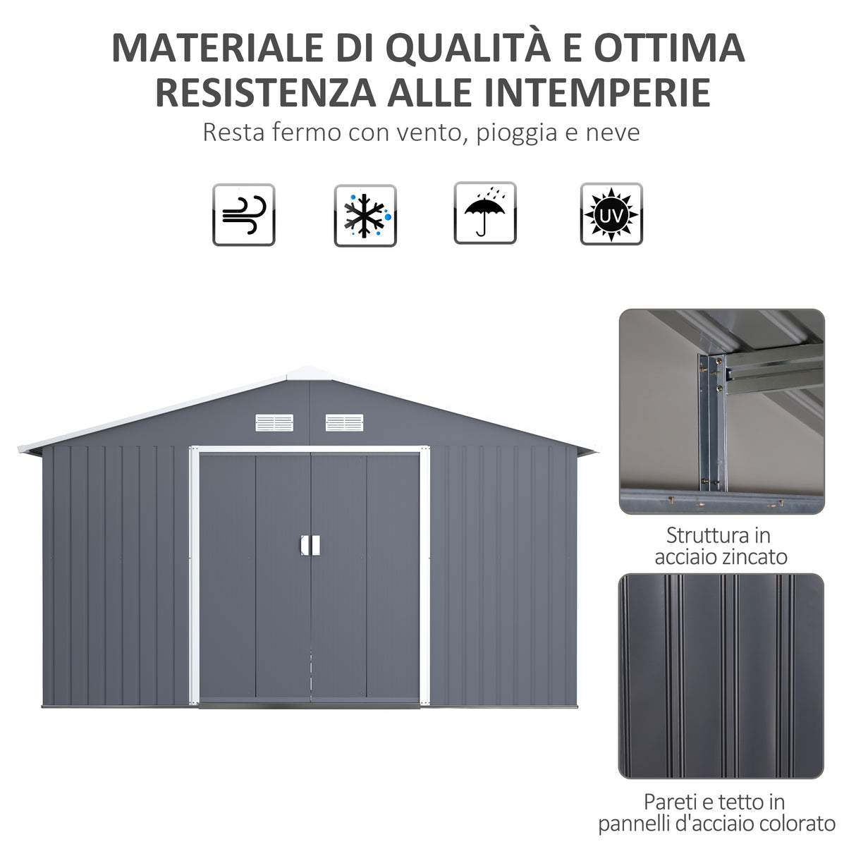 easycomfort easycomfort casetta da giardino con base e doppie porte scorrevoli capanno da giardino in acciaio 340x386x200cm grigio