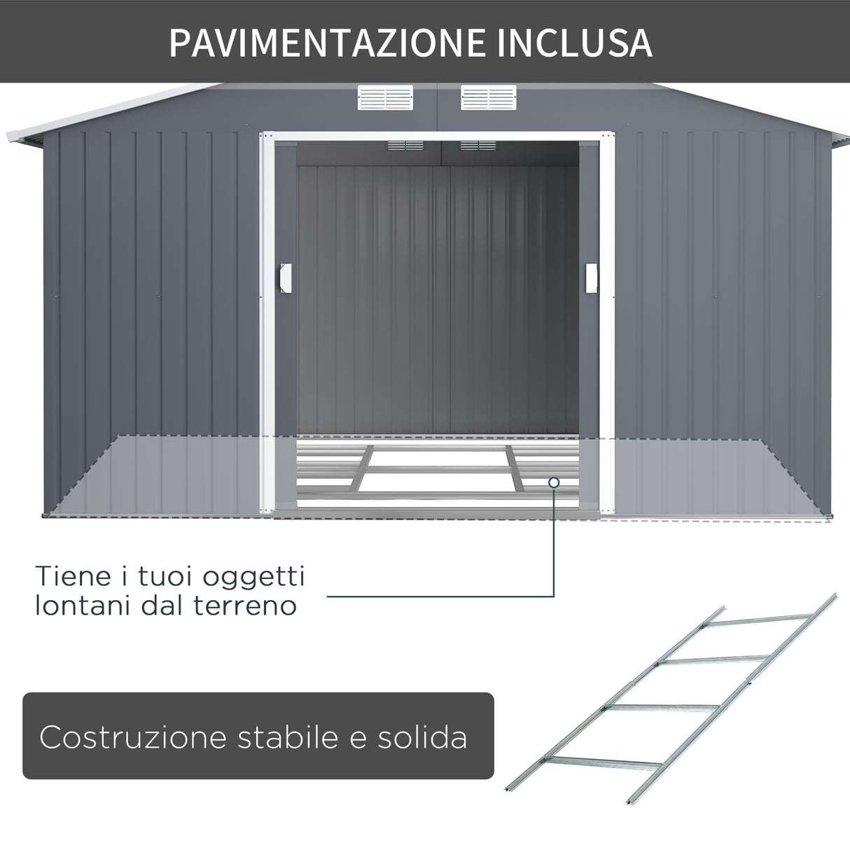 easycomfort easycomfort casetta da giardino con base e doppie porte scorrevoli capanno da giardino in acciaio 340x386x200cm grigio