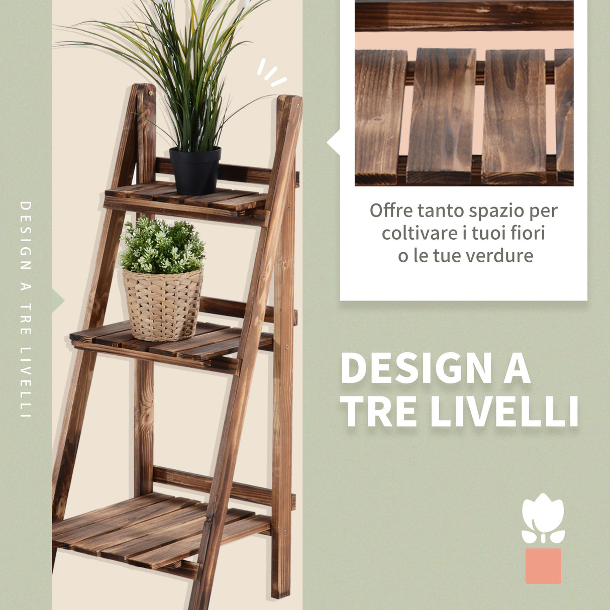 easycomfort scaffale portapiante pieghevole in legno di abete con 3 livelli da esterno 40x37x93cm