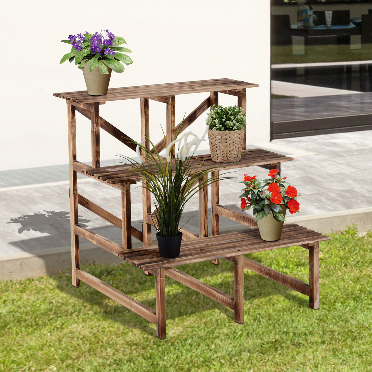 easycomfort easycomfort scaletta fioriera portavasi da giardino a 3 ripiani in legno di abete 80x80x80cm