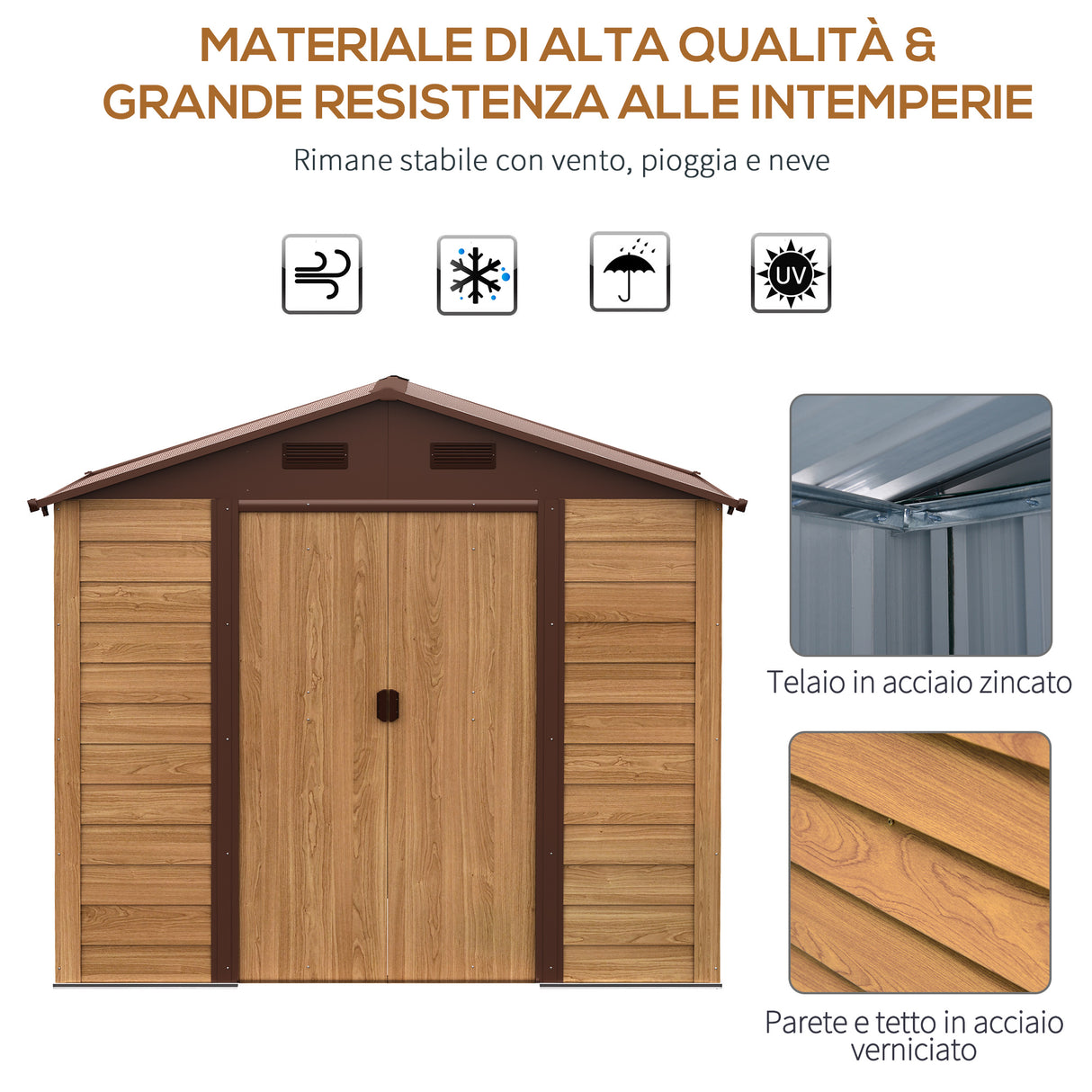 easycomfort casetta da giardino porta attrezzi con porte scorrevoli e pareti effetto legno 152x235.7x208.7cm
