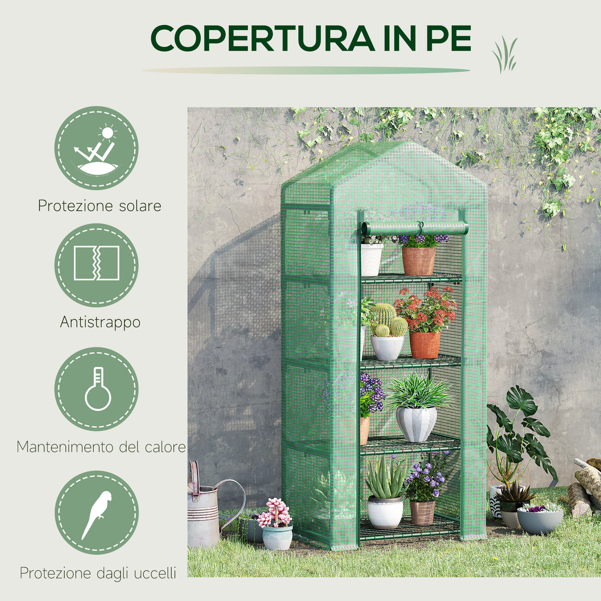 easycomfort serra per piante verticale con scaffale a 4 ripiani in acciaio e pe verde scuro 70x50x160cm