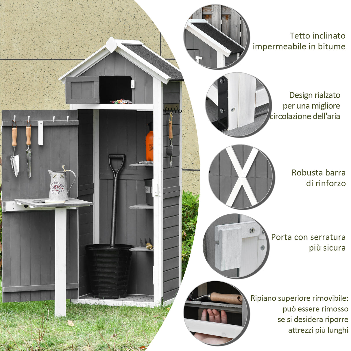 easycomfort casetta da giardino porta attrezzi in abete con ripiano rimovibile e tavolo da lavoro 78x52.5x182 cm grigia