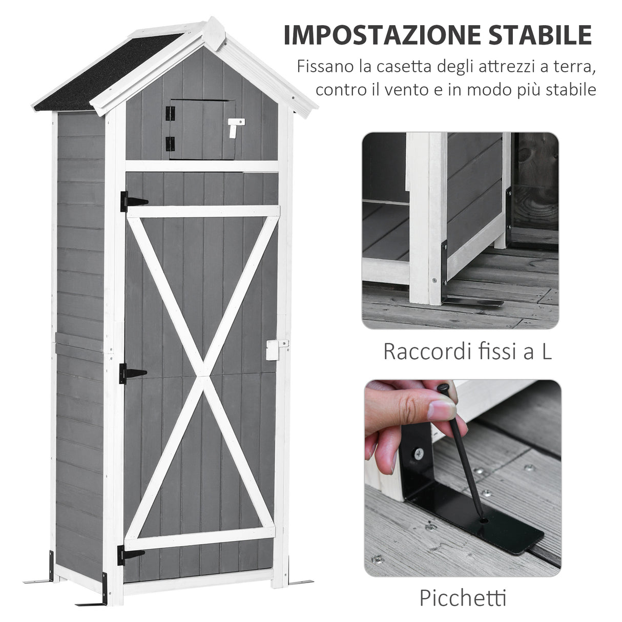 easycomfort casetta da giardino porta attrezzi in abete con ripiano rimovibile e tavolo da lavoro 78x52.5x182 cm grigia