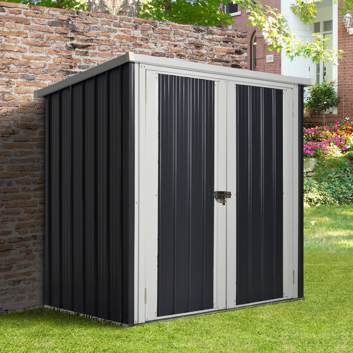 easycomfort casetta da giardino in lamiera di acciaio con doppia porta 147x86x134cm nero e bianco