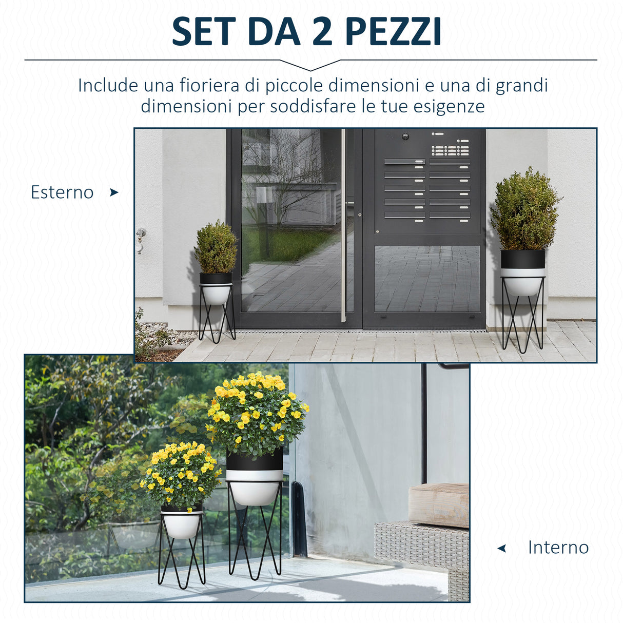 easycomfort fioriera set di 2 pezzi con supporto di metallo per arredamento interni ed esterni nera