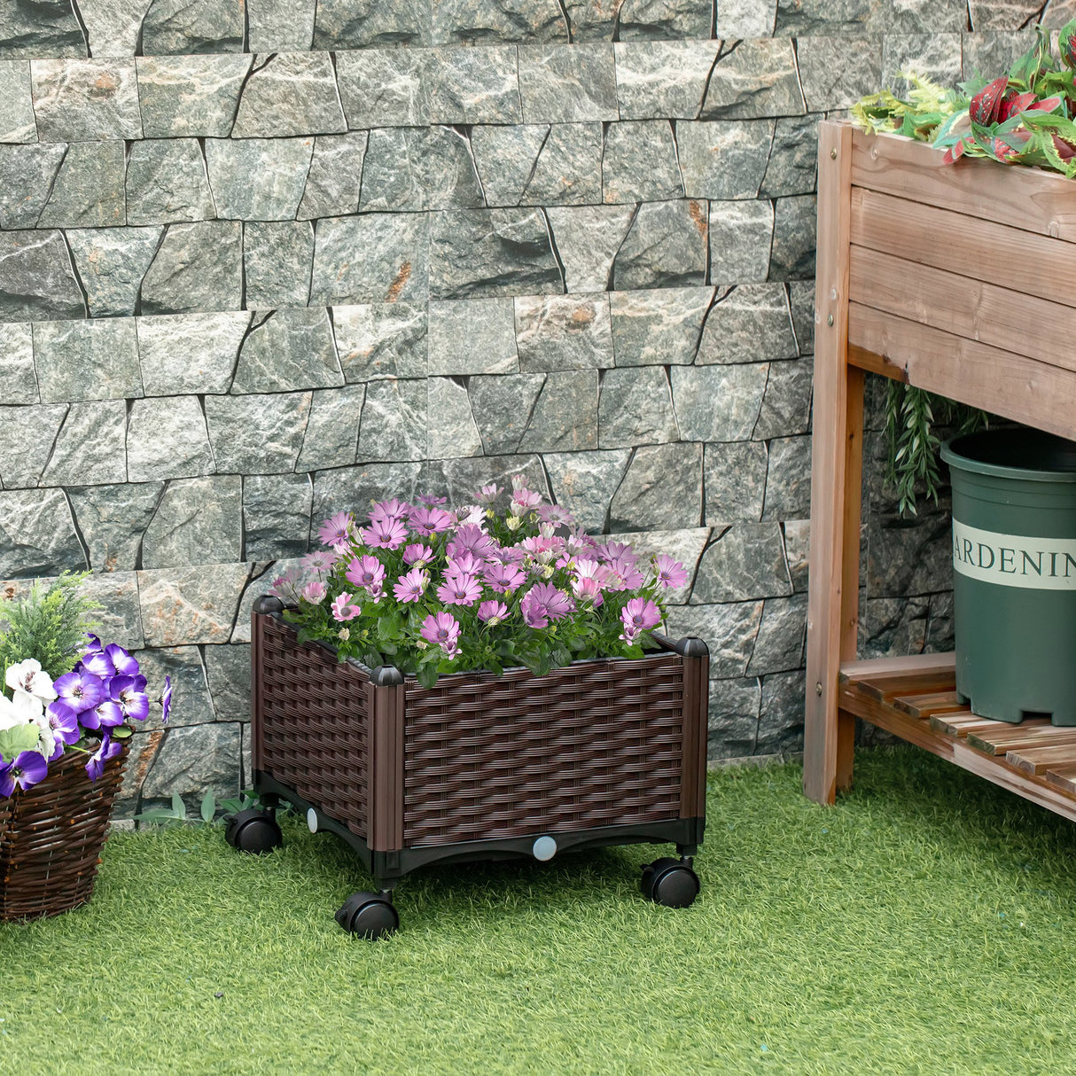 easycomfort fioriera da esterno in plastica con 4 ruote e disco auto irrigante 40x40x31.5cm