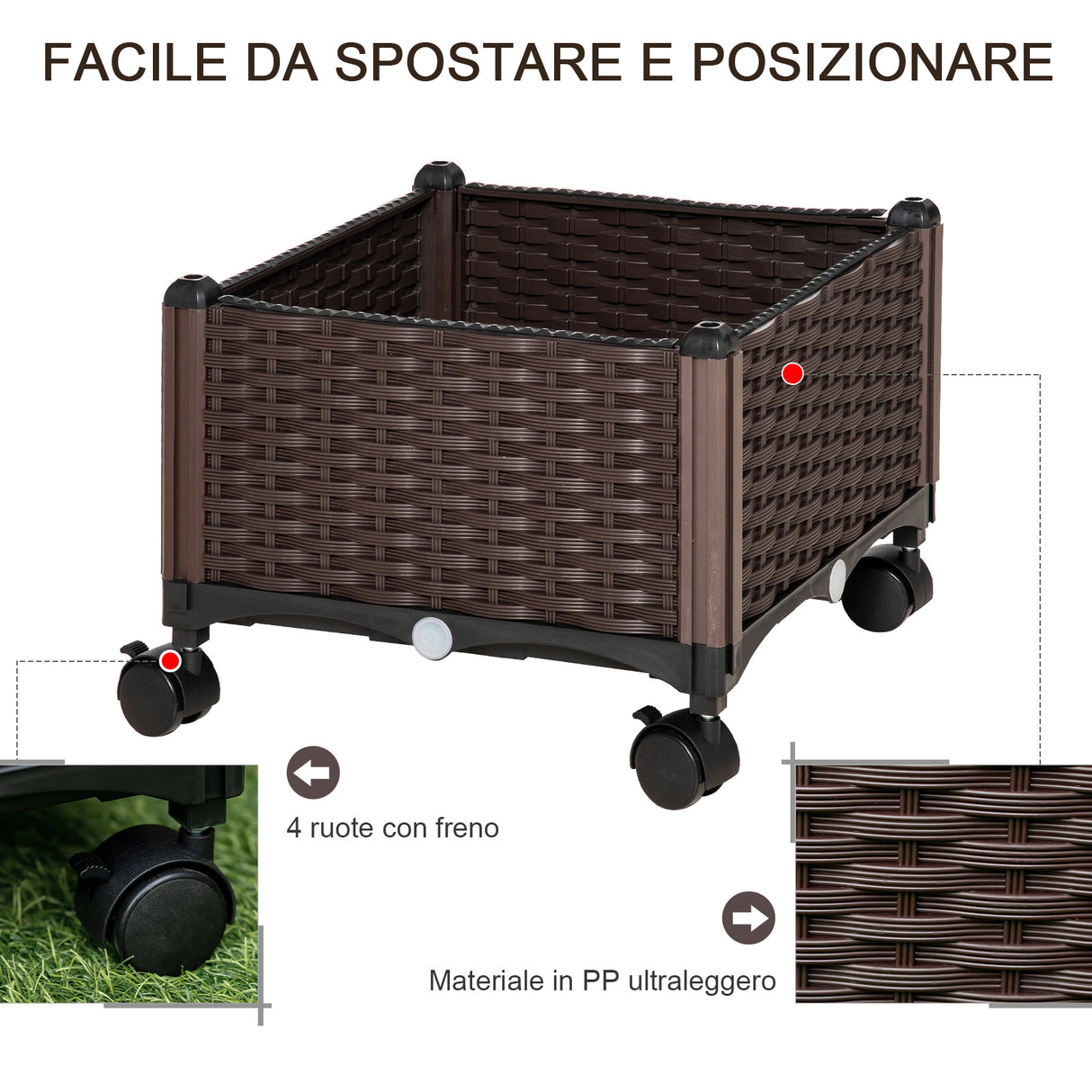 easycomfort fioriera da esterno in plastica con 4 ruote e disco auto irrigante 40x40x31.5cm