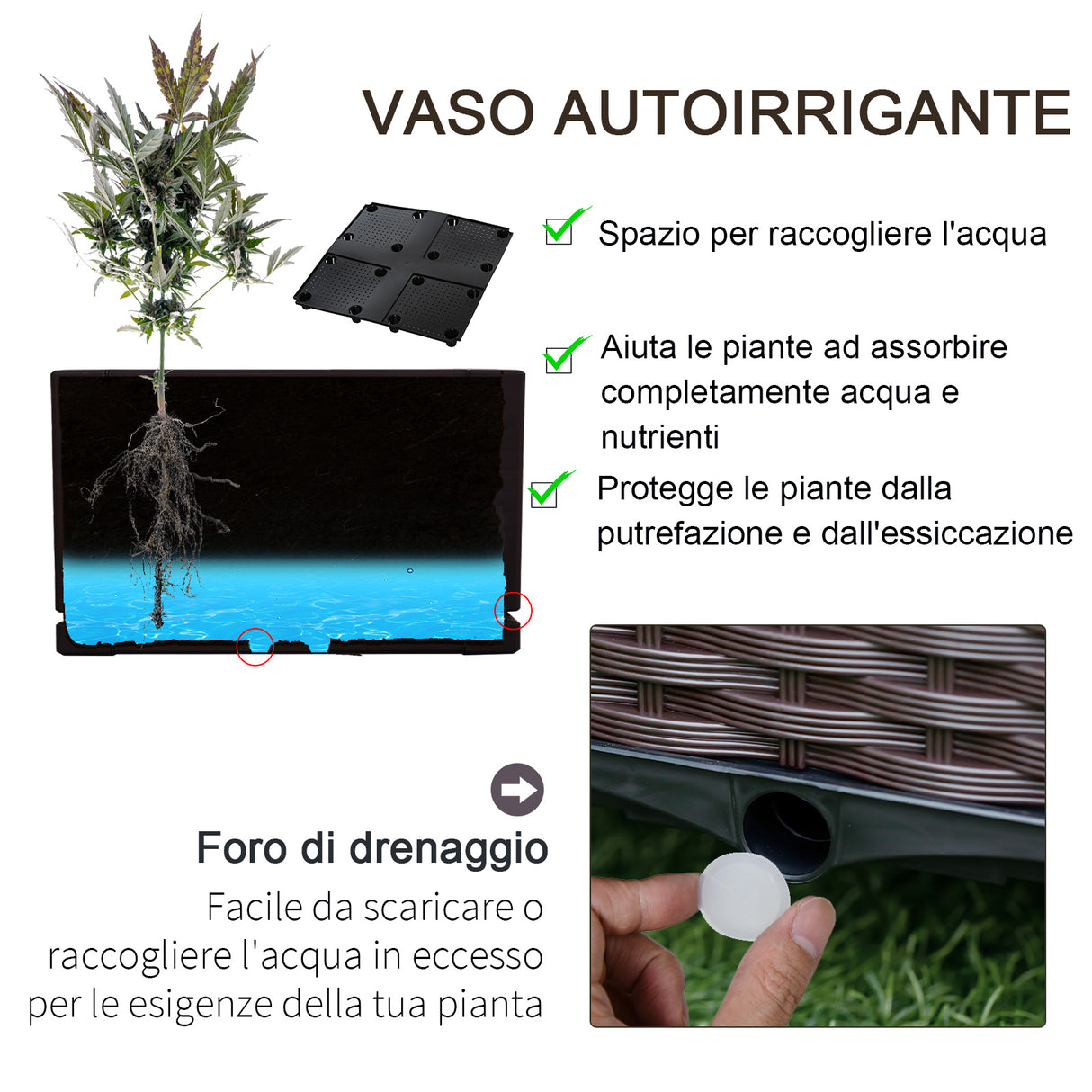 easycomfort fioriera da esterno in plastica con 4 ruote e disco auto irrigante 40x40x31.5cm