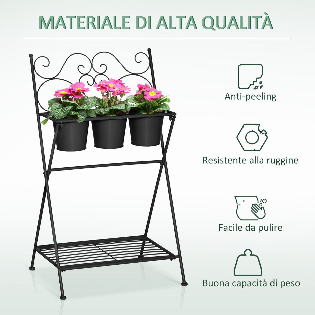 easycomfort portapiante in metallo pieghevole con 3 vasi e ripiano inferiore per casa e giardino 47x37x78.5cm nero