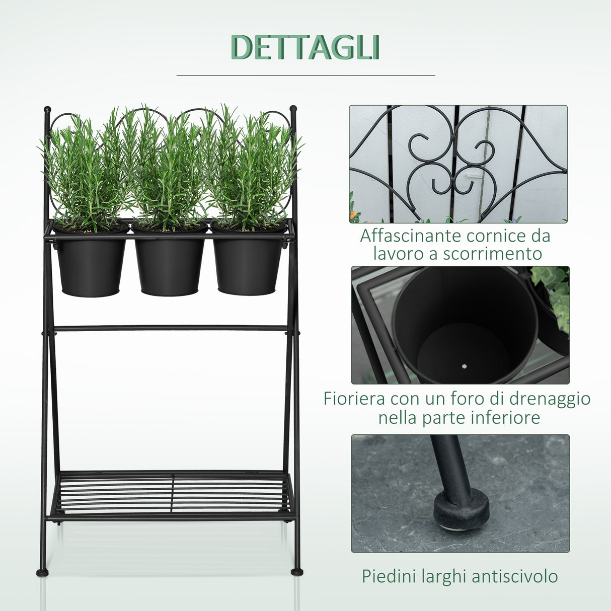 easycomfort portapiante in metallo pieghevole con 3 vasi e ripiano inferiore per casa e giardino 47x37x78.5cm nero