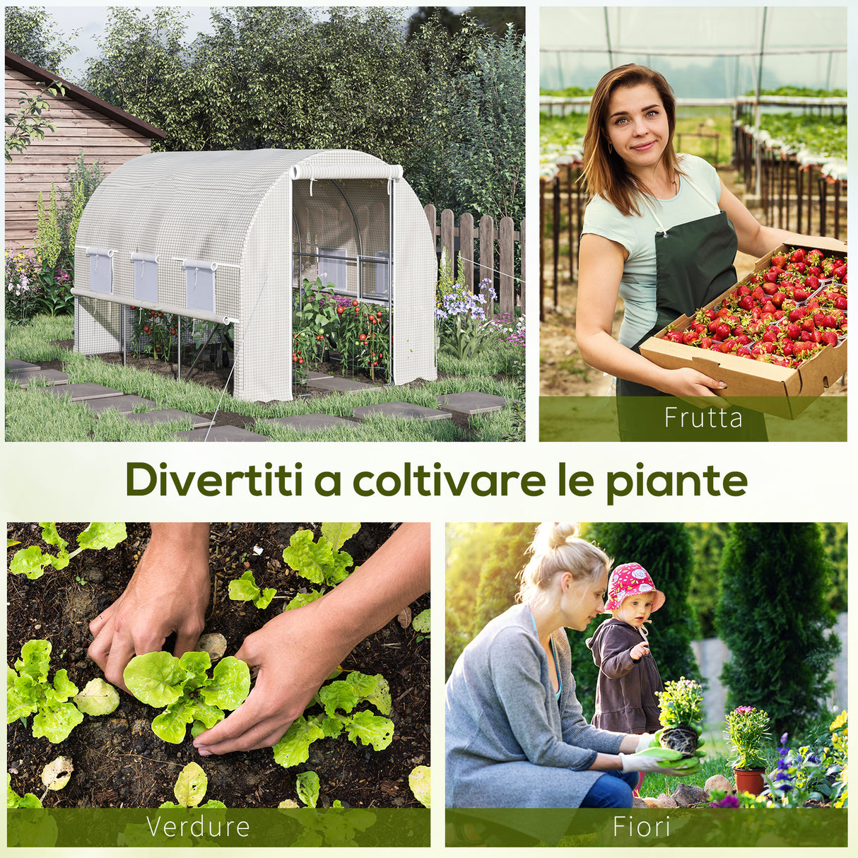 easycomfort serra per orto 3x2x2m in acciaio e copertura pe porte con zip e finestre a rete bianca