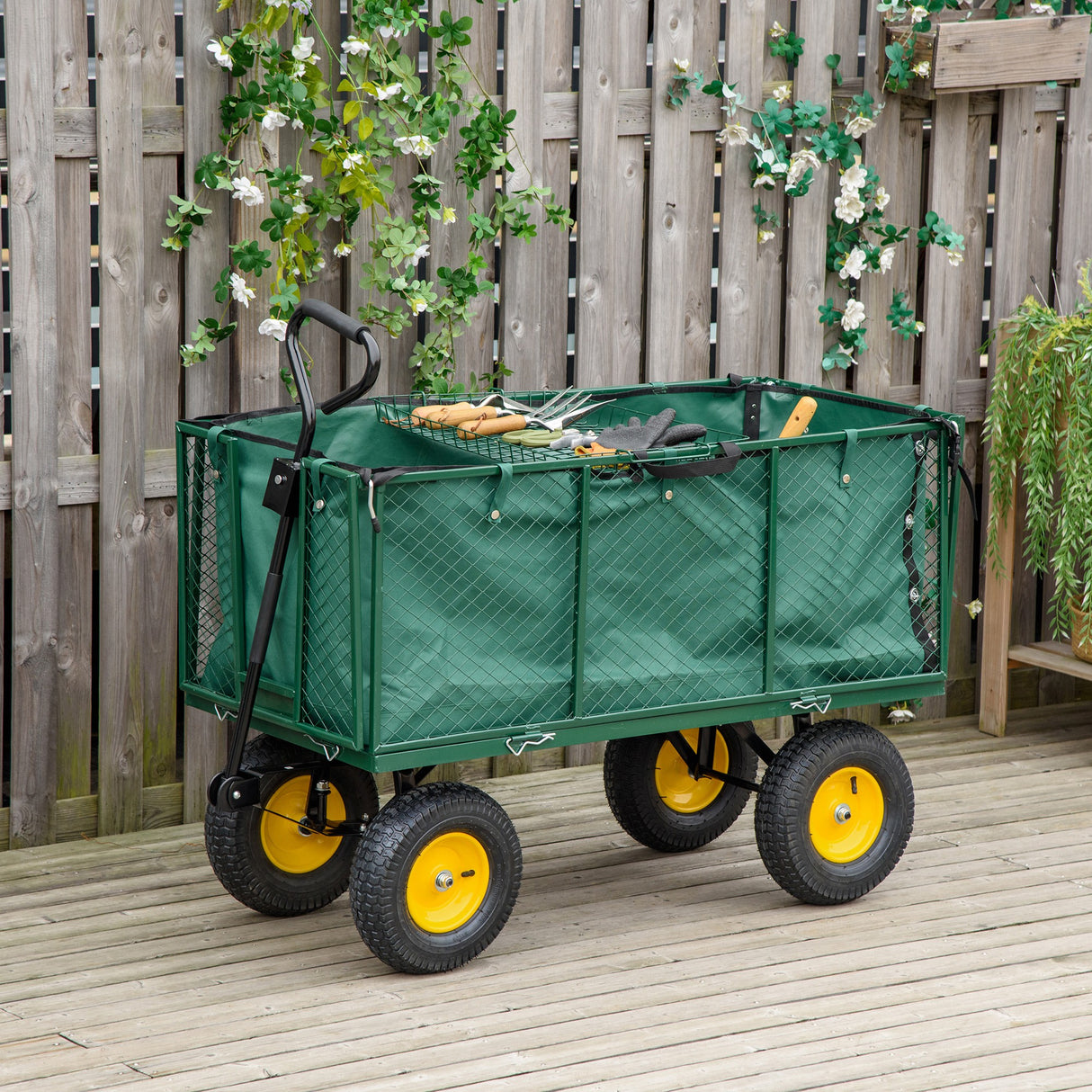 easycomfort carrello da giardino in acciaio con pareti laterali ribaltabili e 4 ruote capienza 342l verde