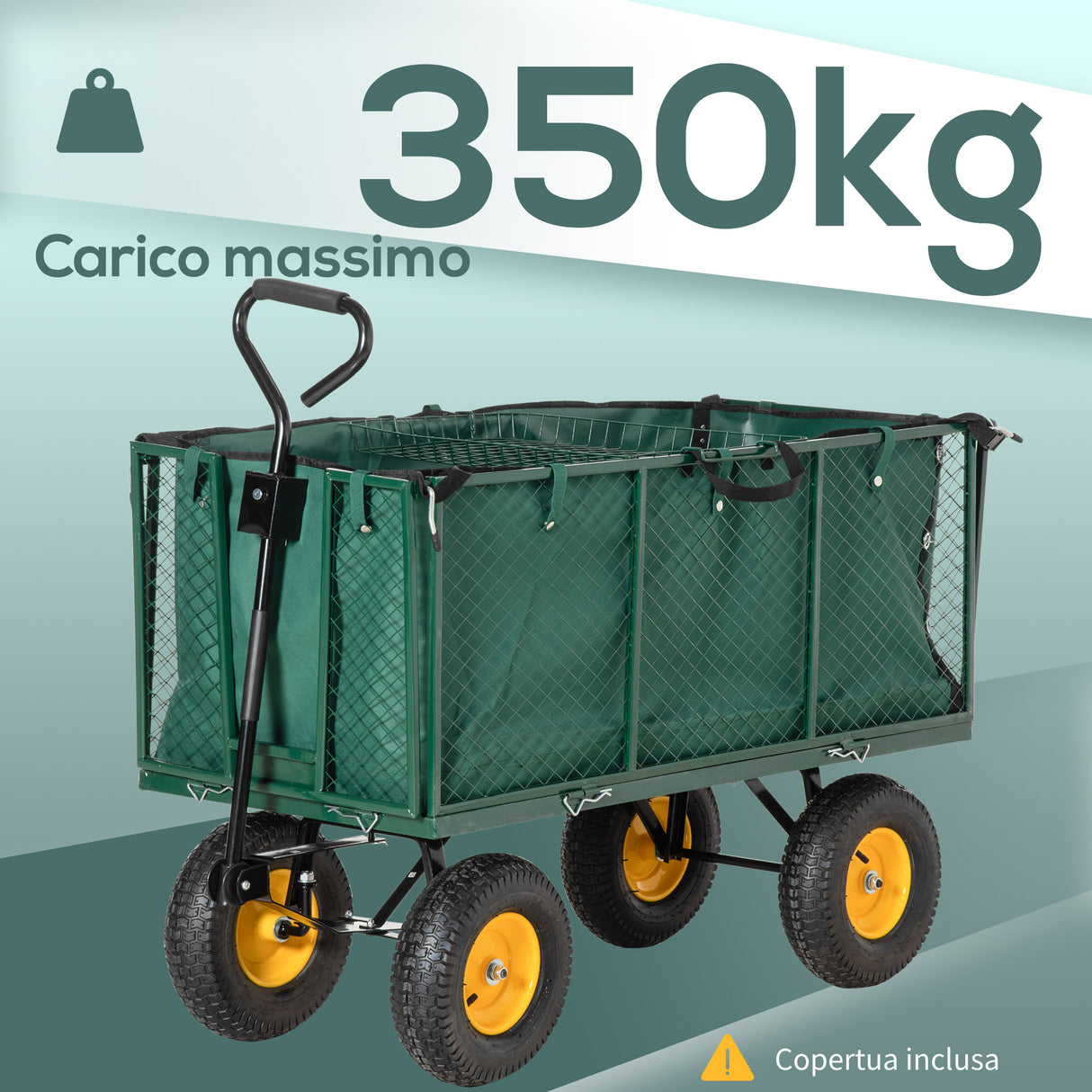 easycomfort carrello da giardino in acciaio con pareti laterali ribaltabili e 4 ruote capienza 342l verde