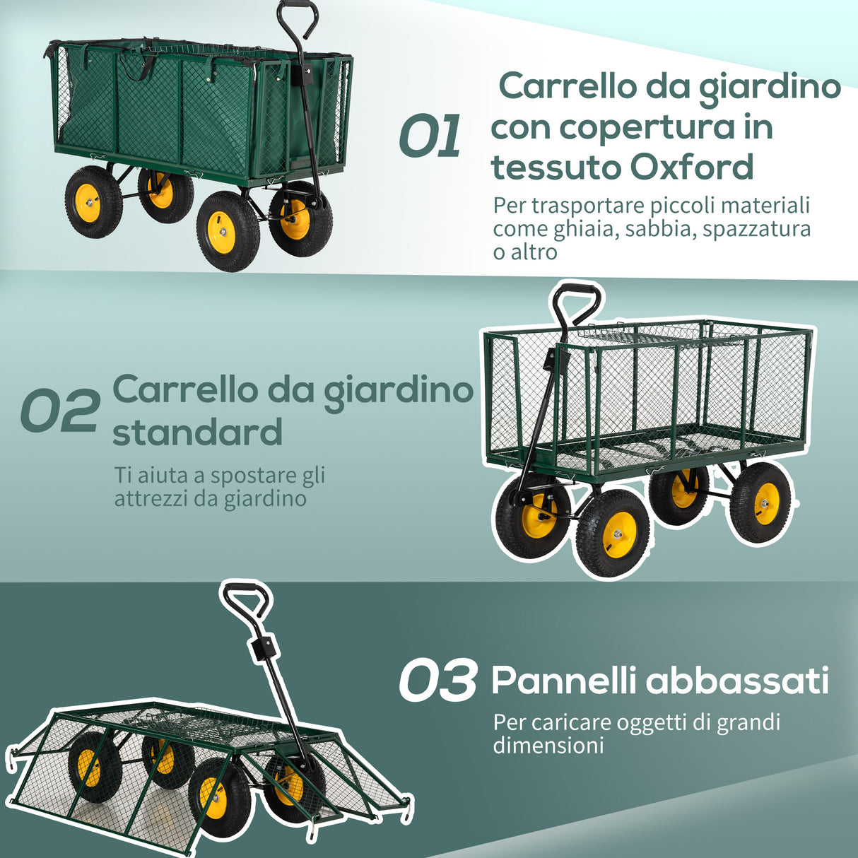 easycomfort carrello da giardino in acciaio con pareti laterali ribaltabili e 4 ruote capienza 342l verde