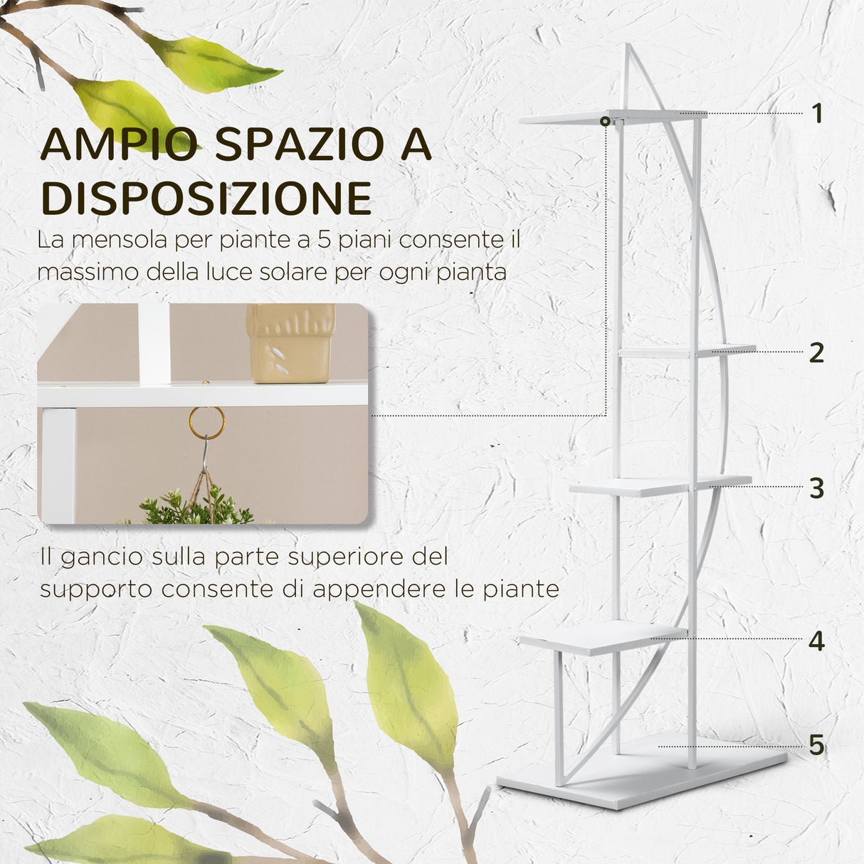 easycomfort portafiori a 5 livelli a mezzaluna per interni ed esterni in mdf e acciaio 50x30x160 cm bianco