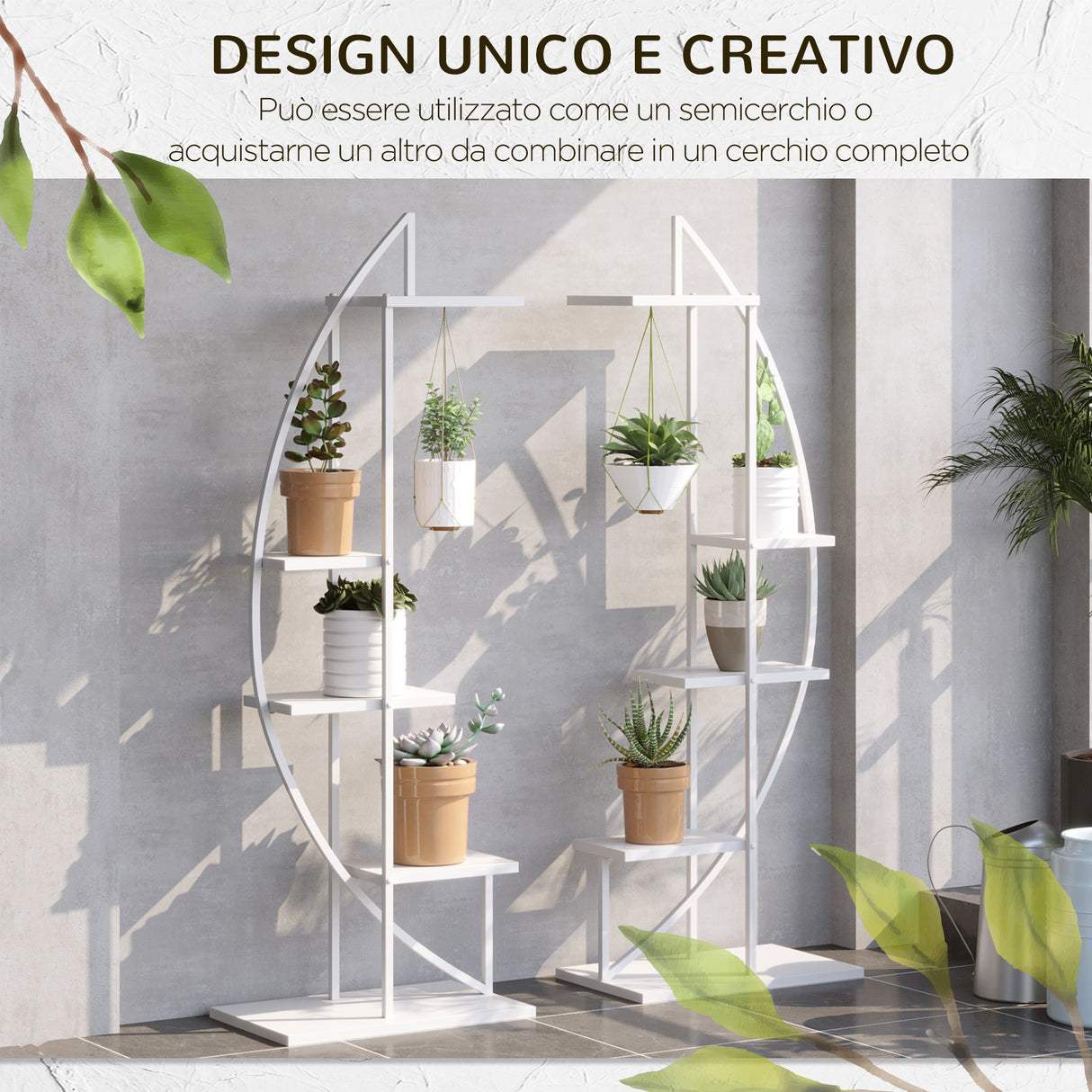 easycomfort portafiori a 5 livelli a mezzaluna per interni ed esterni in mdf e acciaio 50x30x160 cm bianco