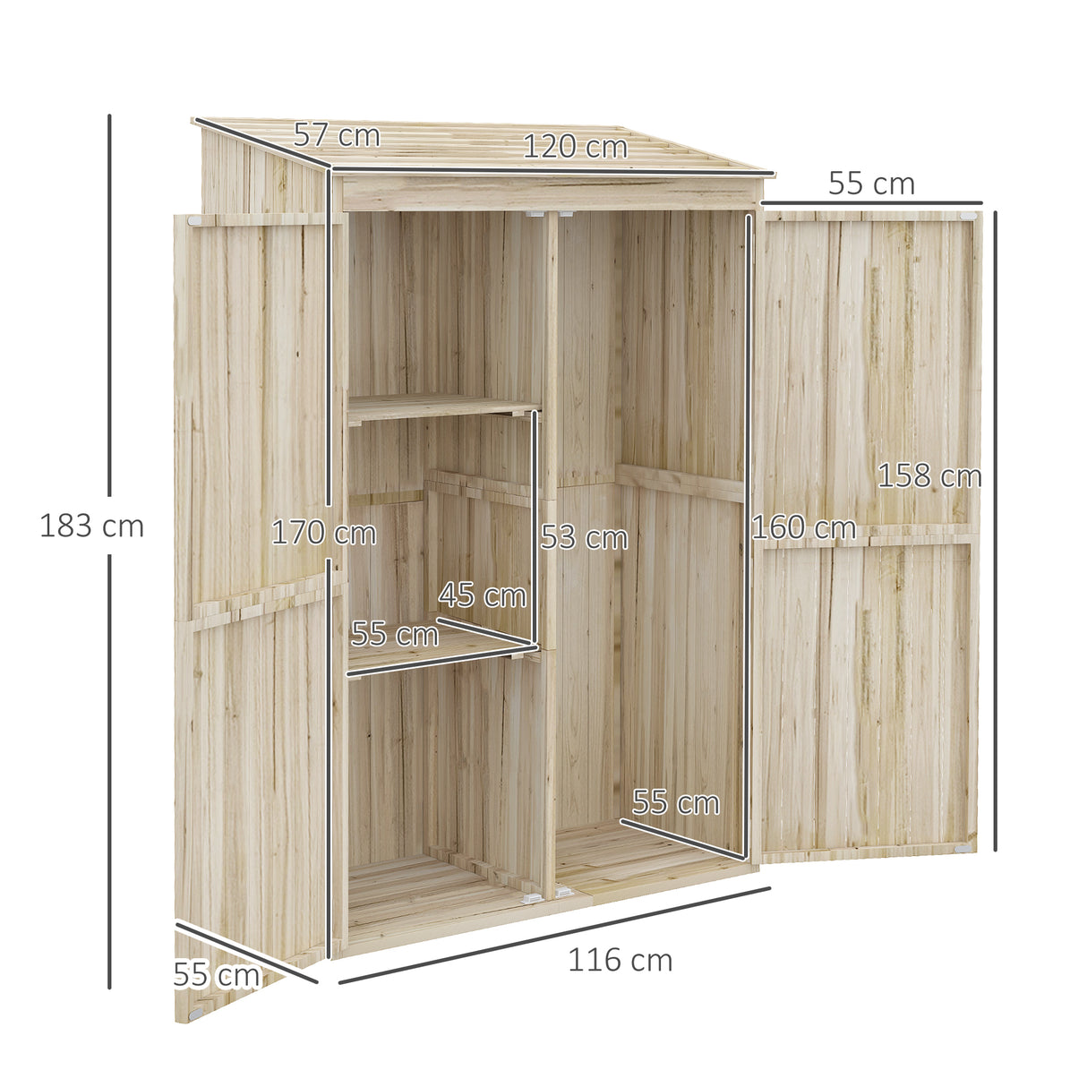easycomfort casetta da giardino in legno di abete con 2 porte e ripiani 120x57x183cm naturale