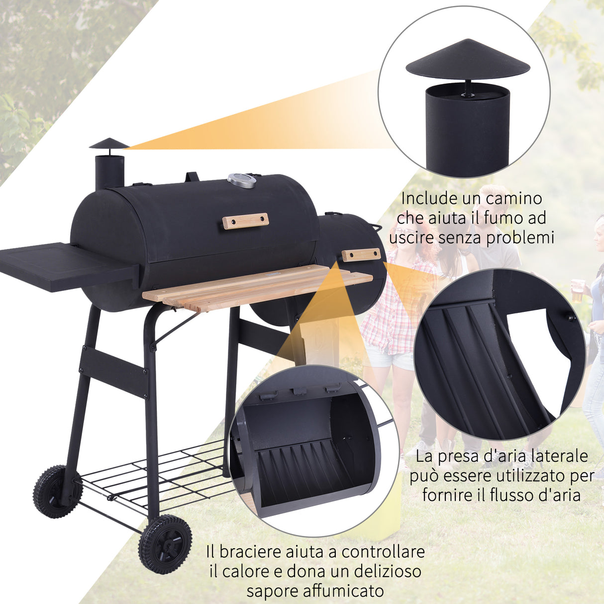 easycomfort easycomfort barbecue a carbone con coperchio e affumicatore bbq da giardino con ripiani e ruote 124x53x104 cm nero