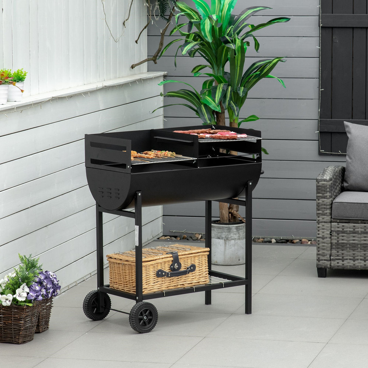 easycomfort easycomfort barbecue in acciaio con 2 griglie indipendenti nero 90cm x 45cm x 96cm