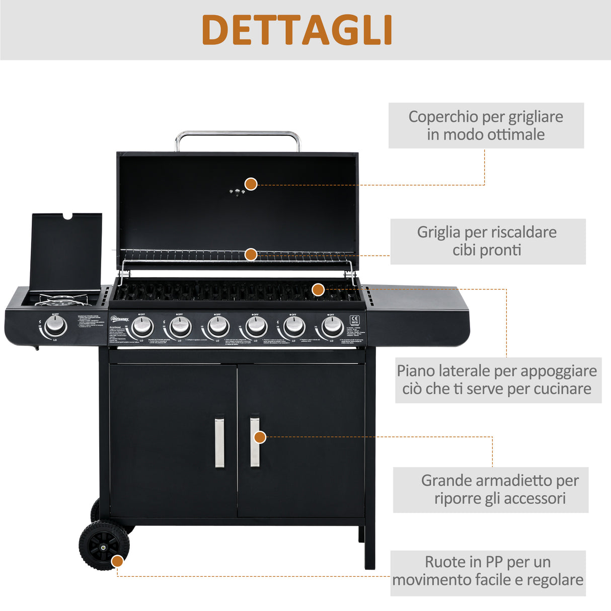 easycomfort easycomfort barbecue a gas con coperchio 7 bruciatori da 20kw fornello laterale e 2 ruote 135x50x100cm nero