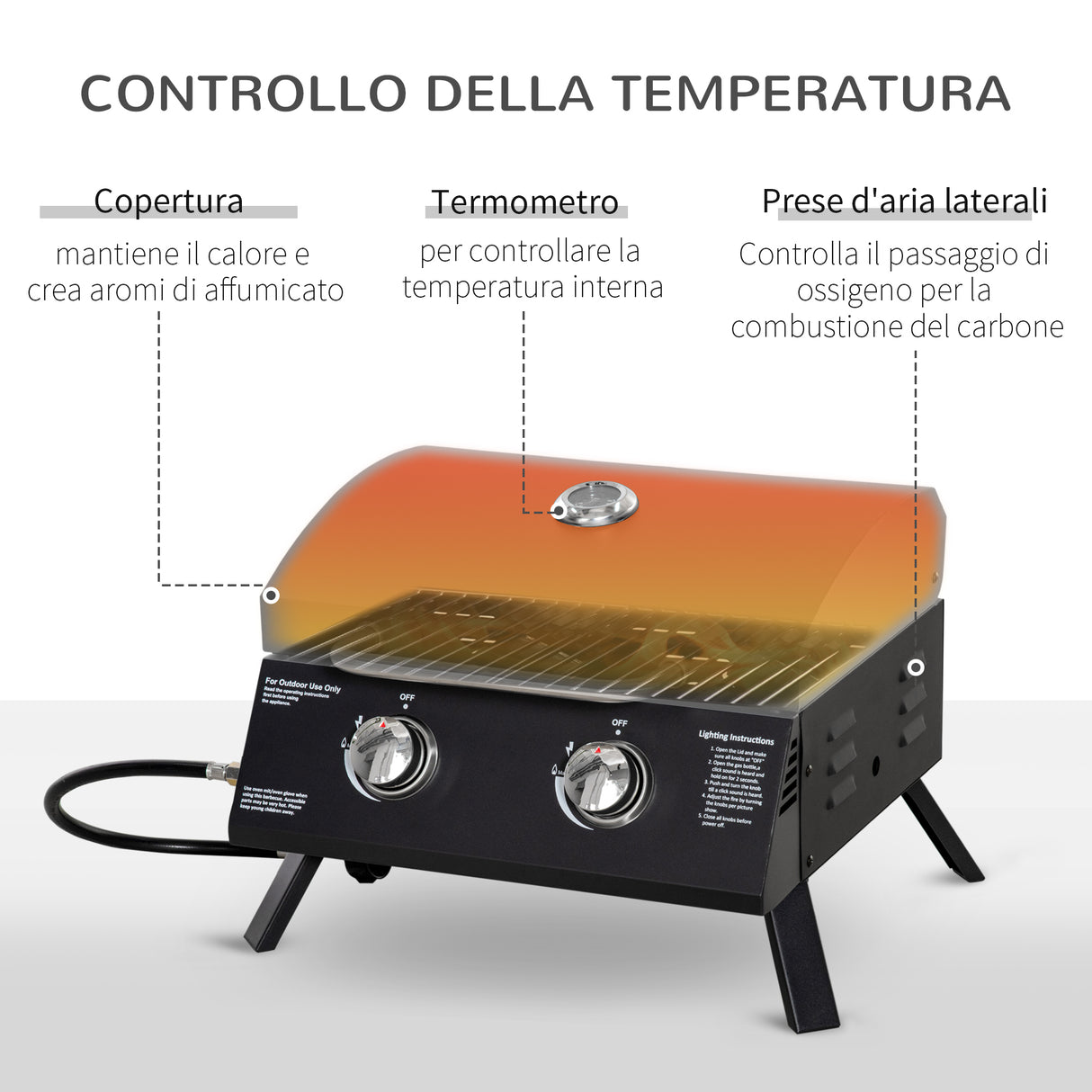easycomfort barbecue a gas pieghevole con coperchio termometro e 2 bruciatori in acciaio 55x46.5x41cm nero