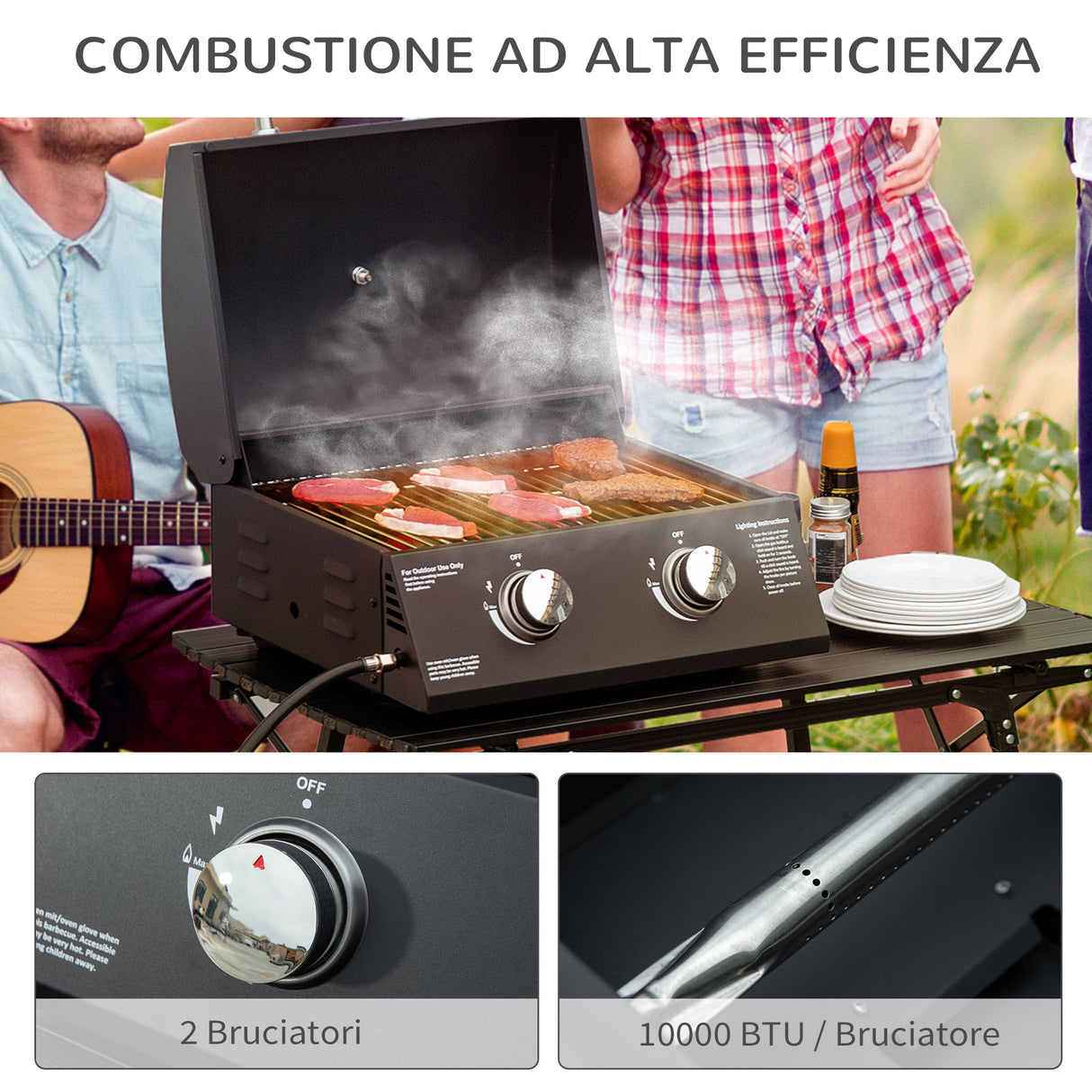 easycomfort barbecue a gas pieghevole con coperchio termometro e 2 bruciatori in acciaio 55x46.5x41cm nero
