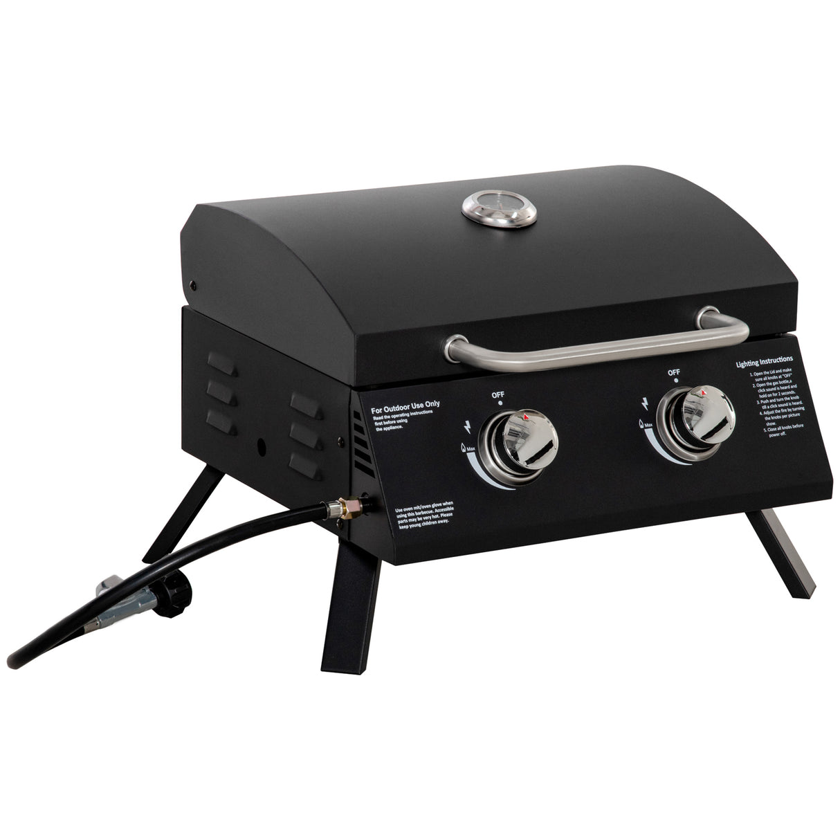 easycomfort barbecue a gas pieghevole con coperchio termometro e 2 bruciatori in acciaio 55x46.5x41cm nero