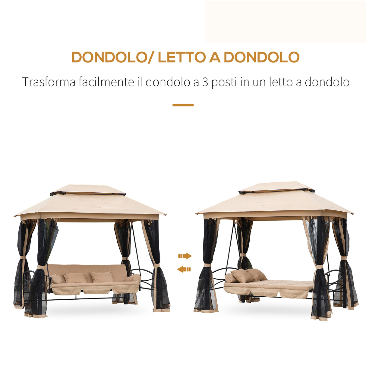 easycomfort dondolo 3 posti e lettino singolo copertura a gazebo con zanzariera e cuscini beige 256x172x248cm