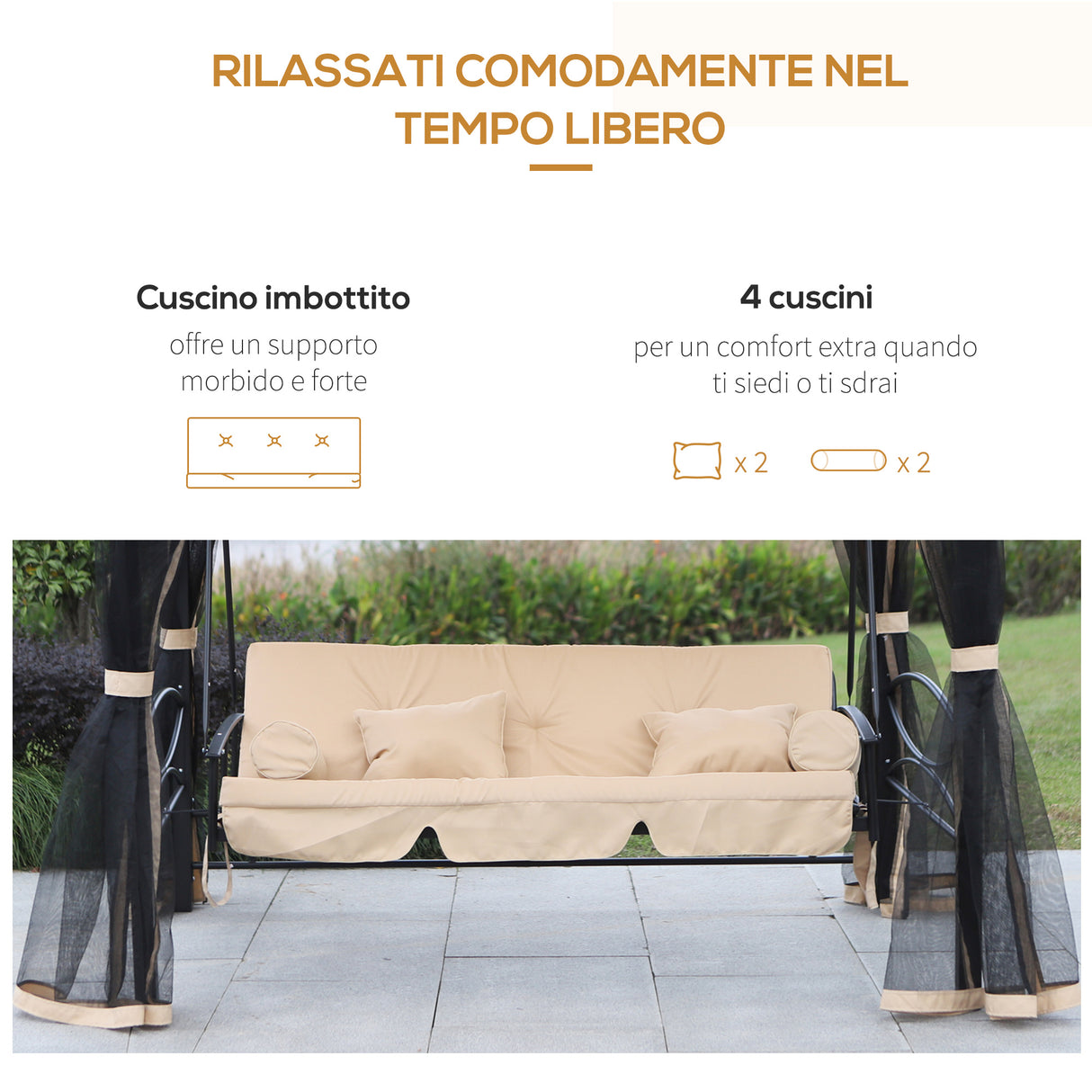 easycomfort dondolo 3 posti e lettino singolo copertura a gazebo con zanzariera e cuscini beige 256x172x248cm