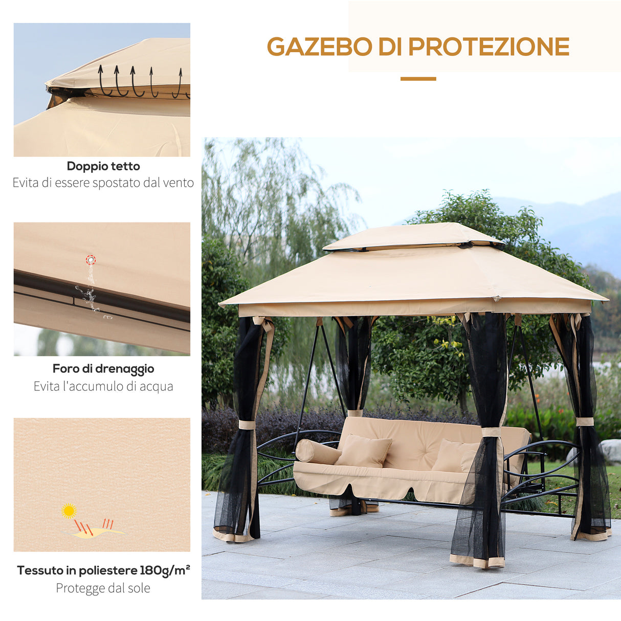 easycomfort dondolo 3 posti e lettino singolo copertura a gazebo con zanzariera e cuscini beige 256x172x248cm